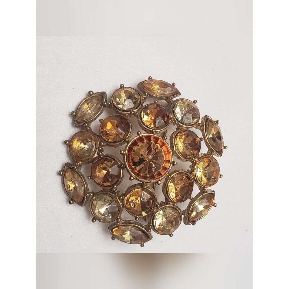 Vintage Gem Domed Brooch Topaz & Amber Rhinestones